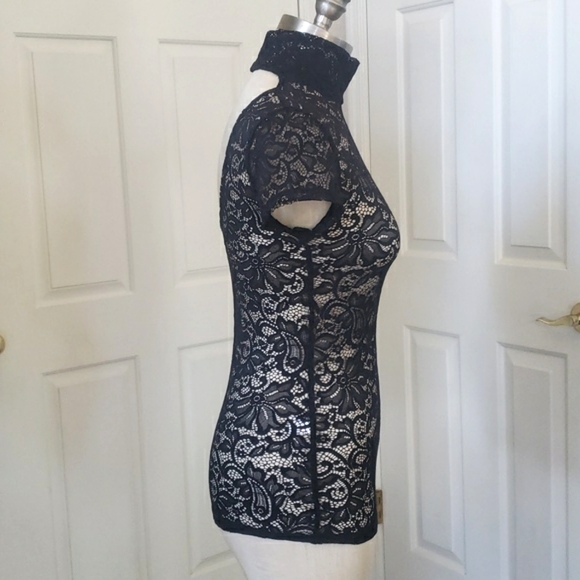 Vintage 90s Y2k EXPRESS Sheer Black Lace Top Cutout Back Mock Neck - Picture 5 of 13